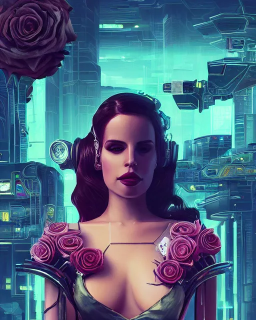 Image similar to portrait of lana del rey as a cyberpunk cyborg. roses, sci - fi, missing panels, intricate abstract, upper body, intricate artwork, by tooth wu, wlop, beeple, dan mumford. concept art, 8 k octane render, deviantart, greg rutkowski, cinematic, key art, hyperrealism, iridescent accents