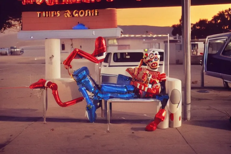 Image similar to robot clown relaxing at a california drive in, in 1 9 8 2, cutecore clowncore, bathed in the the glow of the sunset, low - light photograph, in style of tyler mitchell