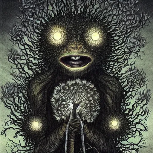 Prompt: a dandelion plant monster at night, menacing expression, natural energy, fantastical, glowing amber eyes, intricate details, artefacts, luminous skies, highly detailed, kentaro miura art style