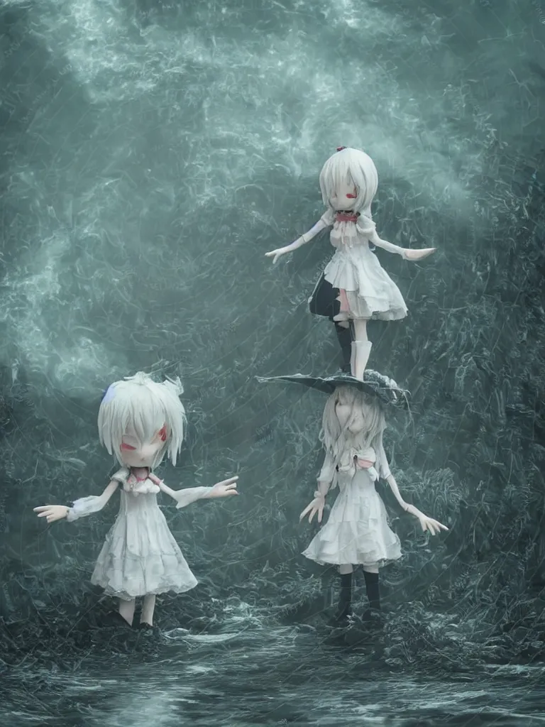 Image similar to cute fumo plush girl witch standing in reflective murky river water, otherworldly gothic horror maiden in tattered cloth, hazy heavy swirling volumetric fog and smoke, moonglow, lens flare, vray