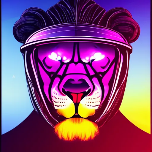Image similar to A portrait of lion wearing a futuristic helmet in the style of synthwave