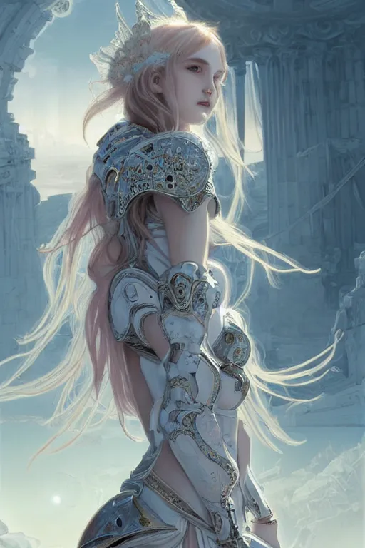 Image similar to portrait young knights of Zodiac girl, matt white color armor, in ruined Agora of Athens Sunrise, ssci-fi and fantasy, intricate and very beautiful and elegant, highly detailed, digital painting, artstation, concept art, smooth and sharp focus, illustration, art by tian zi and WLOP and alphonse mucha