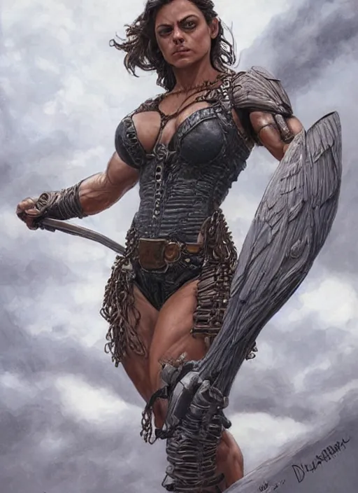 Image similar to very muscled Amazon Mila Kunis as a ruggedly mean looking heroine, intricate, elegant, highly detailed, centered, digital painting, artstation, concept art, smooth, sharp focus, illustration, art by artgerm and donato giancola and Joseph Christian Leyendecker, WLOP