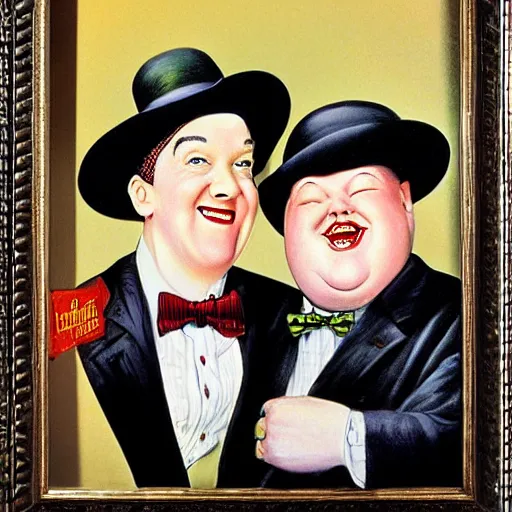 Image similar to A portrait of Stan Laurel and Oliver Hardy in hats by Frank Kelly Freas