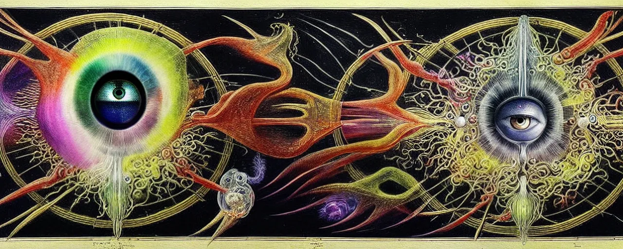 Image similar to a strange bifrost creature with endearing eyes radiates a unique canto'as above so below'while being ignited by the spirit of haeckel and robert fludd, breakthrough is iminent, glory be to the magic within, in honor of saturn, painted by ronny khalil
