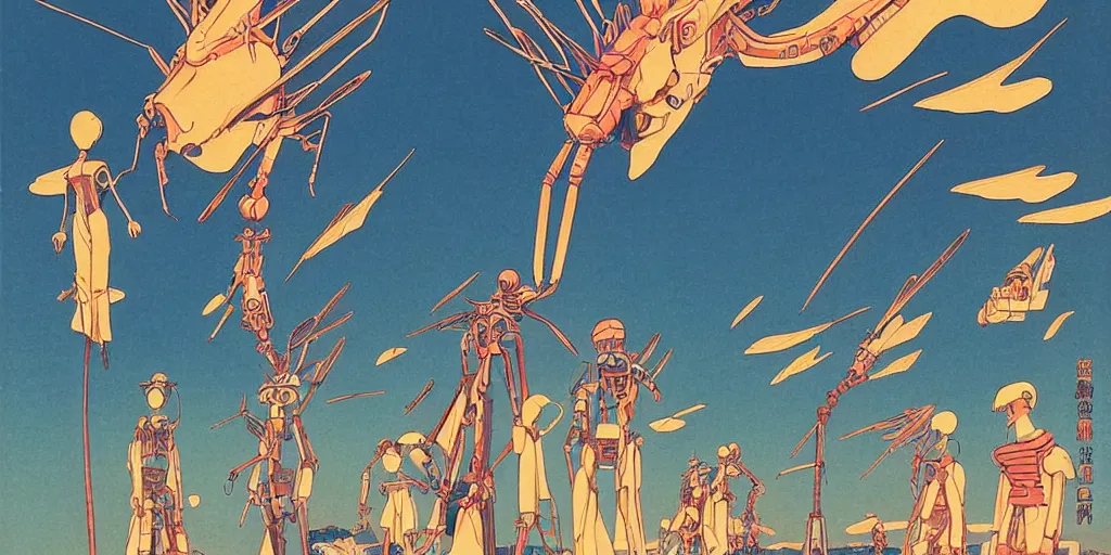 Image similar to gigantic dragonflies with human faces catch tiny robots, a lot of exotic mechas robots around, human heads everywhere, risograph by kawase hasui, edward hopper, satoshi kon and moebius, no text!, colorful flat surreal design, super - detailed, a lot of tiny details, fullshot