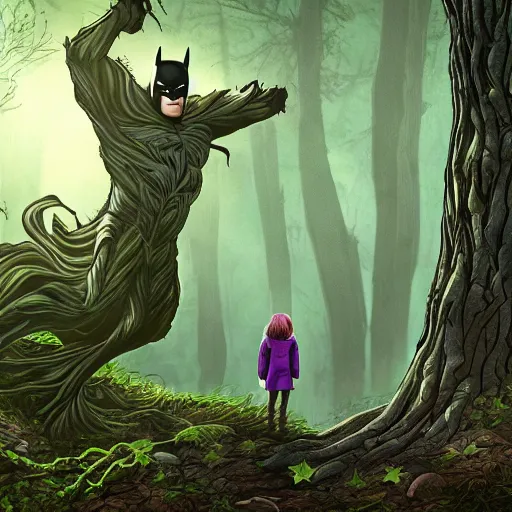 Image similar to batman meets groot in the woods digital art 4 k detailed super realistic