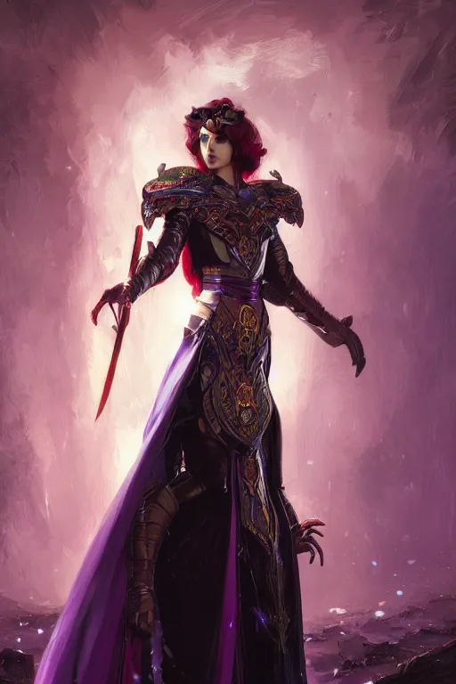 Image similar to masterpiece digital painting of a beautiful woman knight portrait, centered, heavy black obsidian armor, chaotic ruby inlays, large cape, by kev walker and greg rutkowski and mucha, atmospheric fog effects background, purple sparkles, artstation, deviantart, closer view, cinematic lights