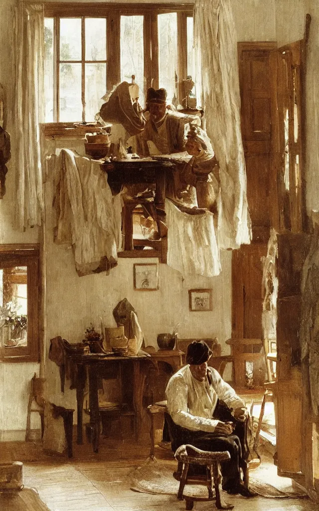 Prompt: Inside a white swedish cottage, a man with a brown coat is coming home to greet his family that is seated behind a wooden table in the right part of the picture in the style of ilya repin.