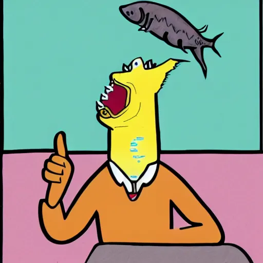 Image similar to illustration of a catfish giving a thumbs up in the style of bojack horseman, by lisa hanawalt