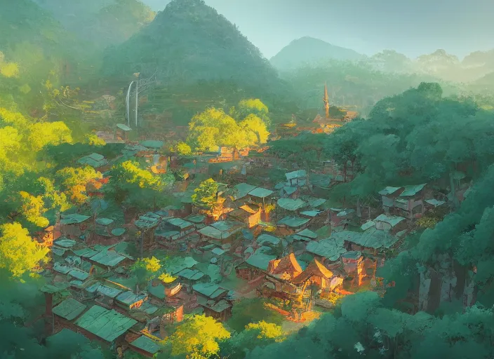 Image similar to concept art painting of a small woodland village in a valley seen from above, european japanese buildings, early morning, cel shaded, detailed, realistic, by makoto shinkai and moebius and anton fadeev and james gurney