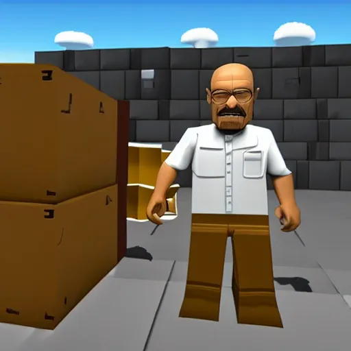 Image similar to A screenshot of Walter White being caught selling meth on roblox