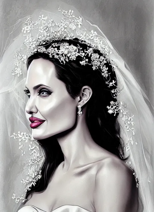 Prompt: Angelina Jolie as a beautiful, bride at her wedding, intricate flower patterns, wedding portrait art by Artgerm