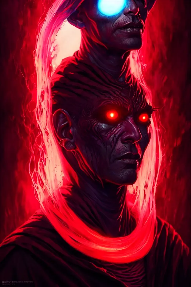 Prompt: a striking portrait of a pitch black eldritch shaman with sinister red eyes by moebius and ross tran and artgerm, trending on artstation, digital art, 4 k resolution, detailed, high quality, sharp focus, hq artwork, insane detail, volumetric lighting, character concept art, fine details