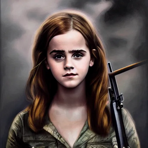 Prompt: a stunning portrait painting of young Emma Watson, holding a rifle, extremely detailed, 4K