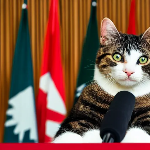 Prompt: pm cat sitting over a podium addressing the country, ani, sony a 7 r