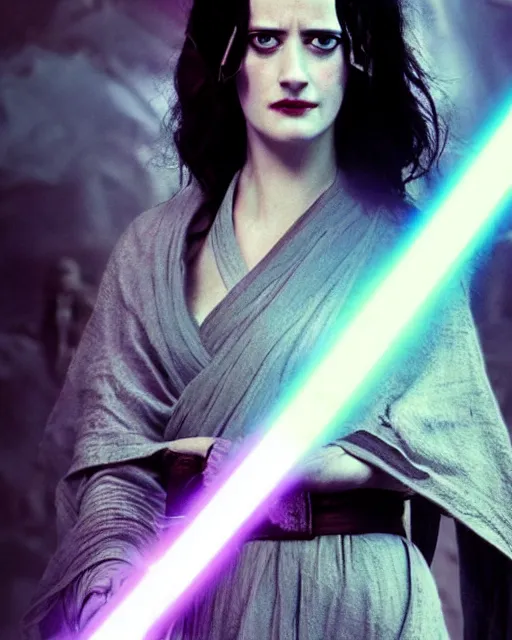 Image similar to eva green as a jedi with ripped and damaged clothes holding a purple lightsaber in her hands, very dark background, official star wars episode xii movie poster, perfect symmetrical face, moody lighting, 8 k, shallow depth of field, intricate detail,