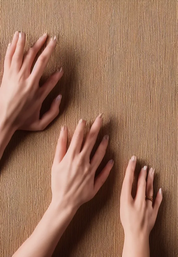 Image similar to a photo of one ultra detailed photorealistic woman's hand with palm up, back of hand on the table, palm pattern visible, instagram photo, studio photo, 9 0 mm, f / 1. 4