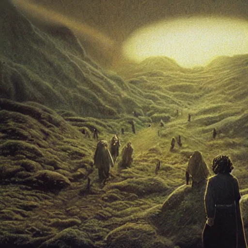 Image similar to A scene from The Lord of the Rings, with Frodo and Sam walking through Mordor. The colors are very dark and ominous, and the composition is very simple. This is an illustration, done in a traditional painting style with a focus on light and shadow. The artist is Alan Lee, and the artwork is called The Journey