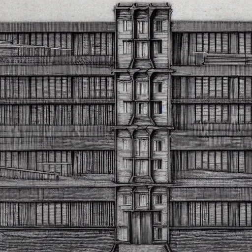 Prompt: an engraving by m.c. escher of a creepy prison with impossible geometry
