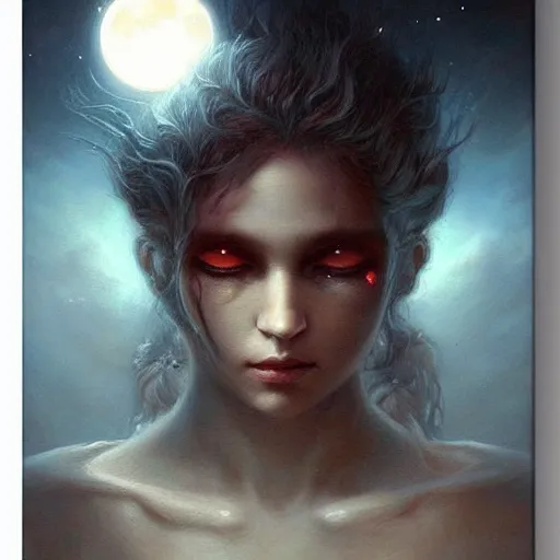 Prompt: a hyperrealistic acrylic on canvas portrait painting of the Moon Goddess by Greg Rutkowski, Artgerm and Beksinski. Epic fantasy art. Vivid cinematic lighting. Night scene.