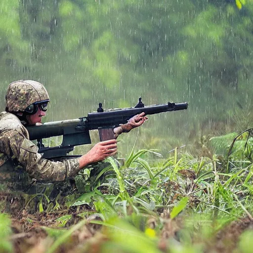 Prompt: military kangaroo firing a machine gun from a dense jungle in rain, marshy land