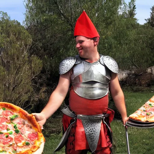 Image similar to adventurer with armor made of pizza,