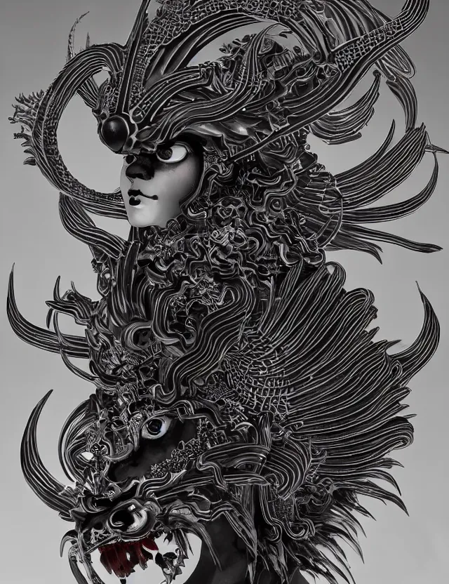 Image similar to 3 d goddess close - up profile satan biohazard portrait with crown, ram skull. beautiful intricately detailed japanese crow kitsune mask and clasical japanese kimono. betta fish, jellyfish phoenix, bio luminescent, plasma, ice, water, wind, creature, artwork by tooth wu and wlop and beeple and greg rutkowski