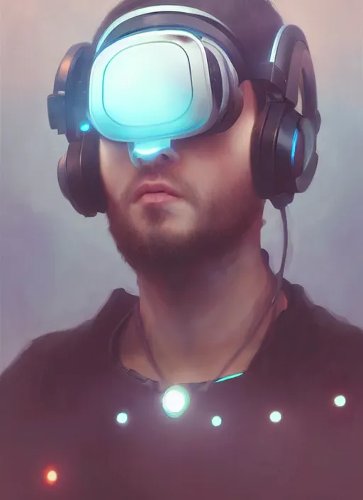 Image similar to man wearing futuristic headset, AR, VR, human computer, VR headset, digital art from artstation by Ruan Jia and Mandy Jurgens and Artgerm and william-adolphe bouguereau