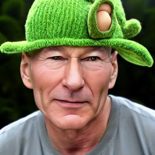 Image similar to patrick stewart, as captain jean - luc picard of the starship enterprise, avocado hat