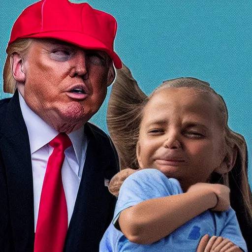 Prompt: Donald Trump crying behind a small child, realistic, photograph