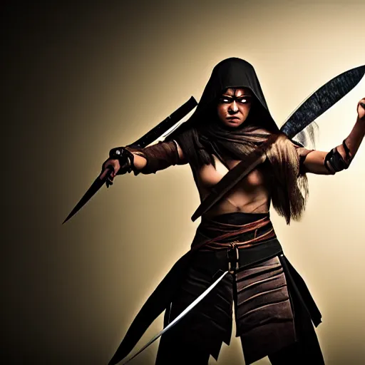 Prompt: photo of a female assassin warrior with daggers