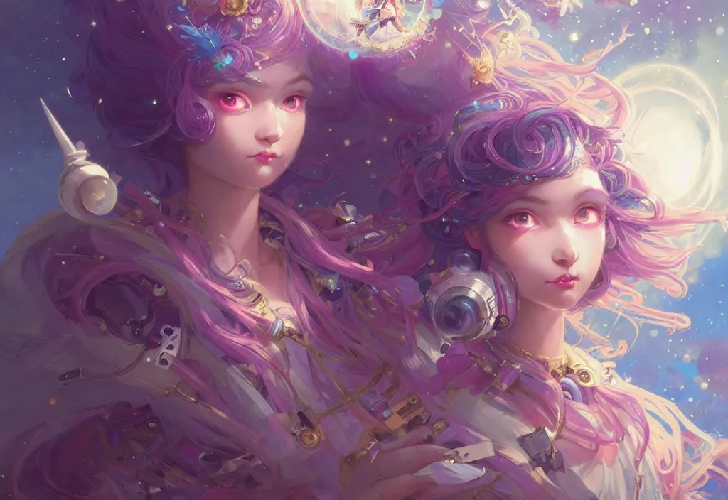 Image similar to close up picture of an maximalist dress magical girl, neat hair with bangs, smug face, extremely beautiful and aesthetic and detailed cute face and eyes, wipe out evils with cute astronaut familiar sprites, aming the magical beams to the camera, chiaroscuro, intricate, masterpiece, epic fantasy illustrations by peter mohrbacher and anato finnstark and jeremy lipking