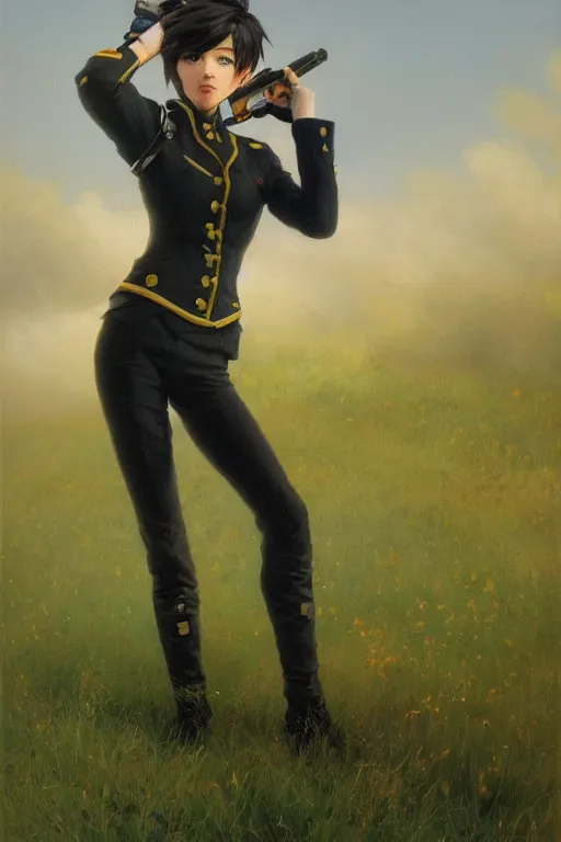 Prompt: oil painting of tracer overwatch in a field of grass wearing black uniform, in style of ivan aivazovsky, detailed eyes, full body