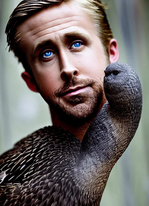 Image similar to ryan gosling fused with a goose, construction, natural light, bloom, detailed face, magazine, press, photo, steve mccurry, david lazar, canon, nikon, focus