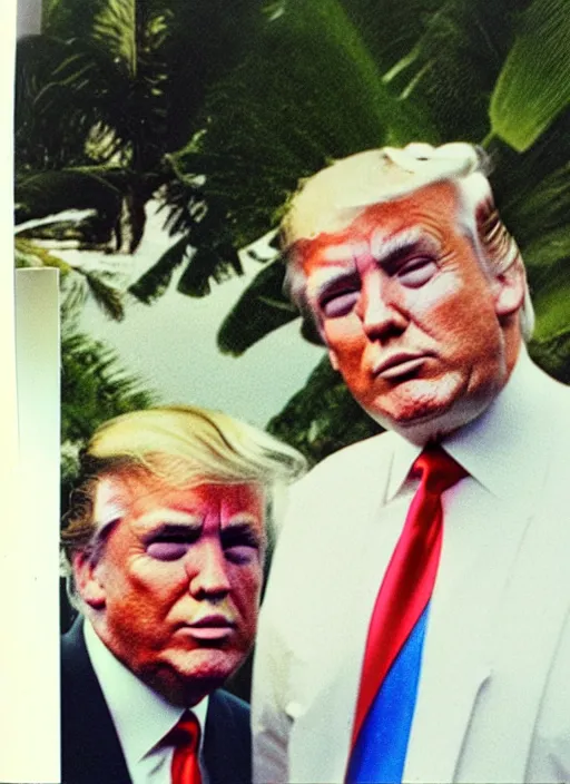 Image similar to polaroid of jeffrey epstein and donald trump on an island