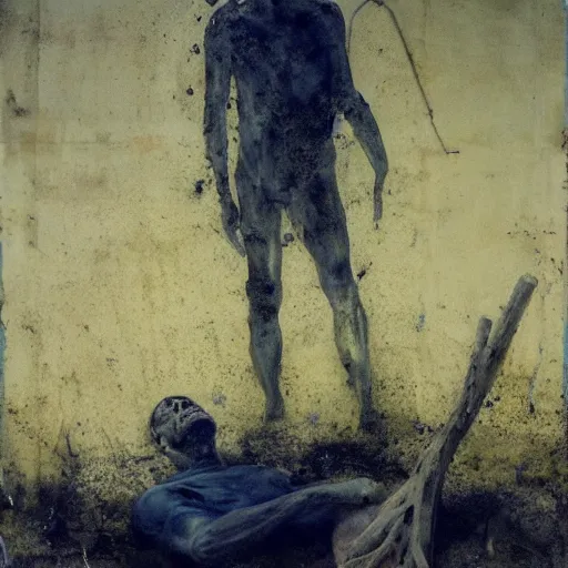 Image similar to one man in a cemetery digging up a dead body, by nicola samori, painting, 8 k, high detail, medium blue, orange, and dark green tones, high quality, sad feeling, high detail, dark colors, sinister atmosphere, dramatic lighting, cinematic, establishing shot, extremely high detail, photo realistic, cinematic lighting, album cover
