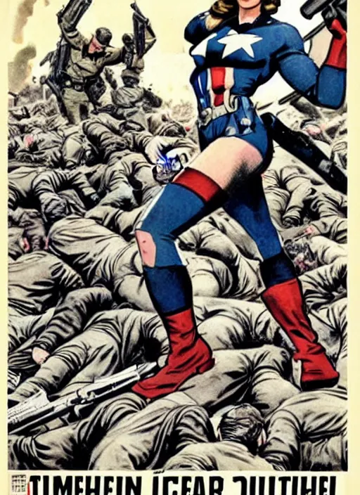 Image similar to beautiful female captain america standing on a pile of defeated and beaten german soldiers. feminist captain america wins wwii. american wwii propaganda poster by james gurney. gorgeous face. overwatch