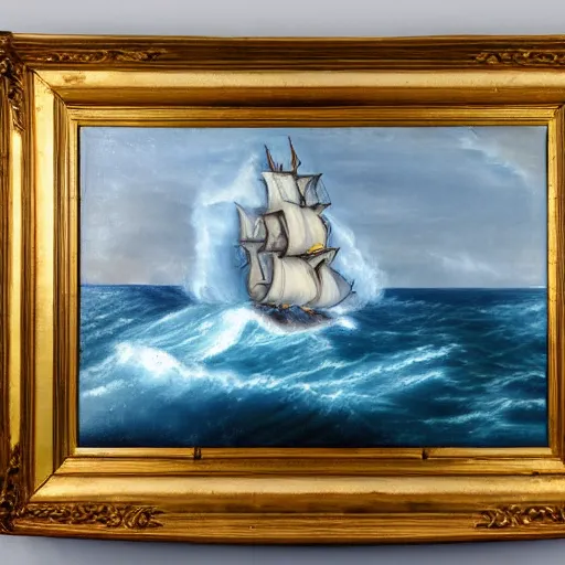 Image similar to stark oil painting, sailing ship at the edge of the world, man vs. nature, deep blue water, whitecap waves, point of no return, desperation, vivid, highly detailed, master renaissance painter, 4k scan