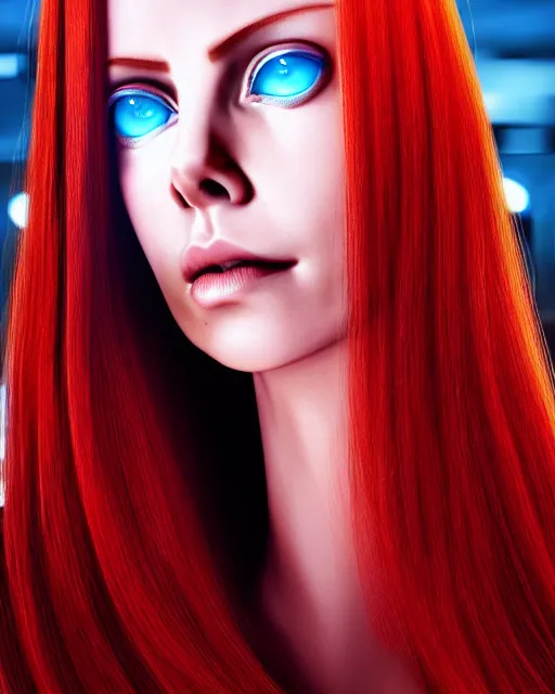 Prompt: perfect red haired attractive goddess with blue eyes, beautiful, symmetric, dreamy, pretty face, charlize theron, detailed, scifi platform, laboratory, experiment, 4 k, ultra realistic, epic lighting, illuminated, cinematic, masterpiece, art by sakimi chan