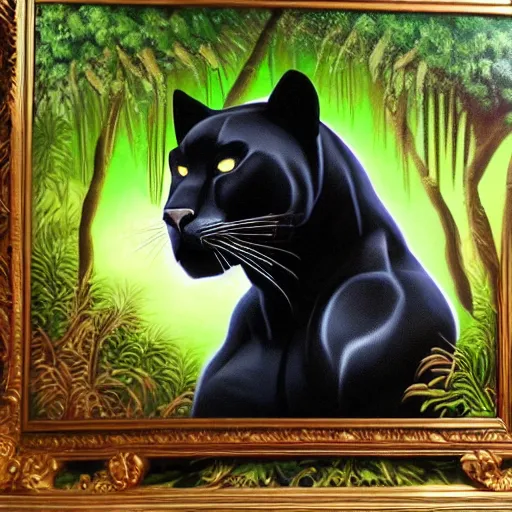 Image similar to oil on canvas of one beautiful majestic black panther. beautiful. mysterious. intricately detailed. meticulously rendered. background is a jungle. 8 k hd. trending on art station. h 7 6 8