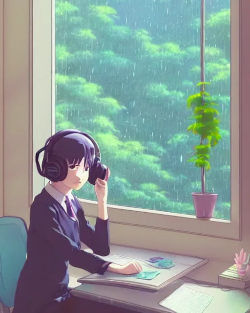 Image similar to a beautiful photo of a girl sitting at her desk next to a window wearing headphones doodling on paper, lots of plants in pots on her desk, pastel colors, rain on the winow, ， by makoto shinkai an krenz cushart