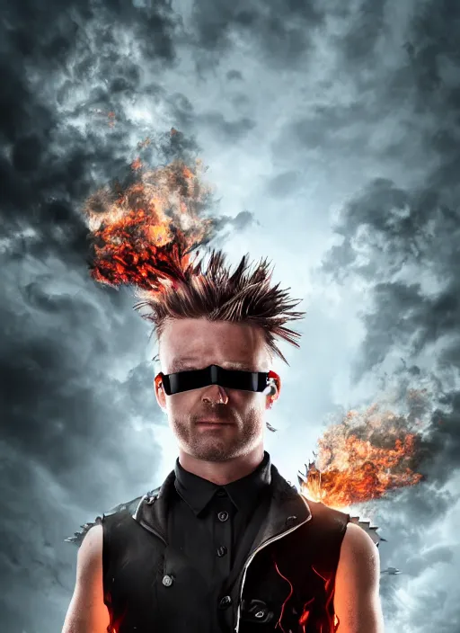 Image similar to An epic fantasy comic book style portrait painting of man with red spiked long hair, using googles. Wearing a black waistcoat, white shirt. Fire on his hands. Unreal 5, DAZ, hyperrealistic, octane render, cosplay, RPG portrait, dynamic lighting