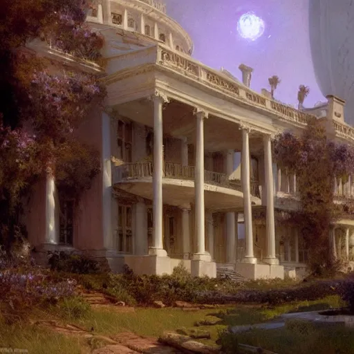 Image similar to detailed cinematic wide shot of the futuristic diselpunk rendition of the white house that has existed millions of years into the future where humans evolved to be solarpunk, ultra realistic, spring light, painting by gaston bussiere, craig mullins, j. c. leyendecker