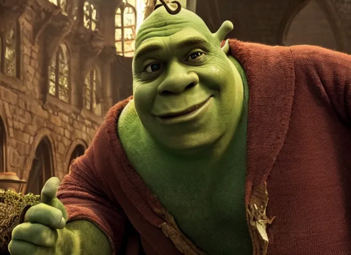 Image similar to a film still of professor shrek in harry potter