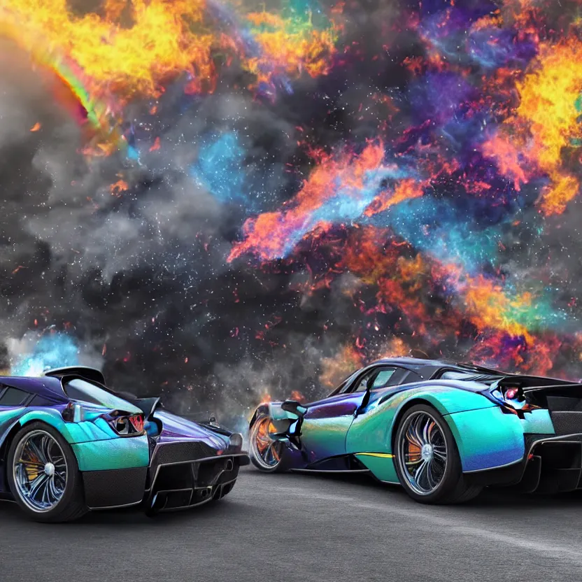 Image similar to close - up of an iridescent rainbow pagani huayra on fire after a big crash, 8 k, highly detailed, realistic, award winning, look at all that detail!