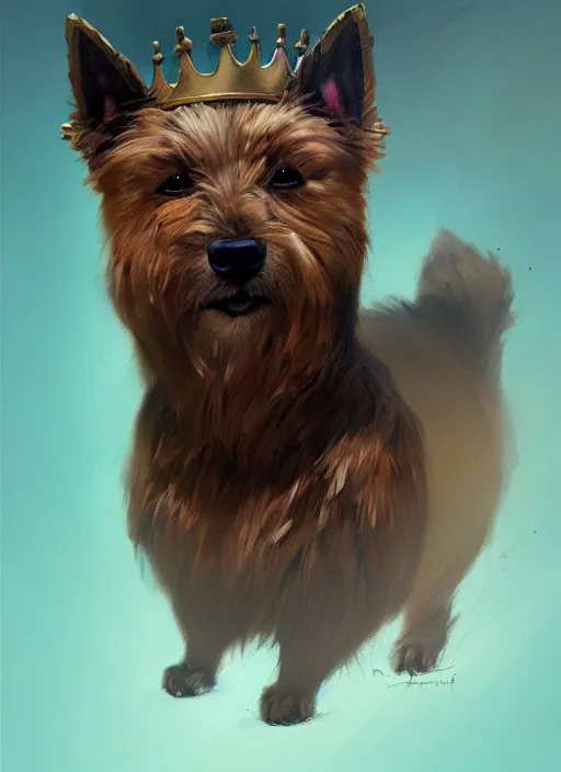 Image similar to norwich terrier as an king, backround dark, highly detailed, digital illustration, trending in artstation, modern painting, smooth, sharp focus, intricate, by peter mohrbacher