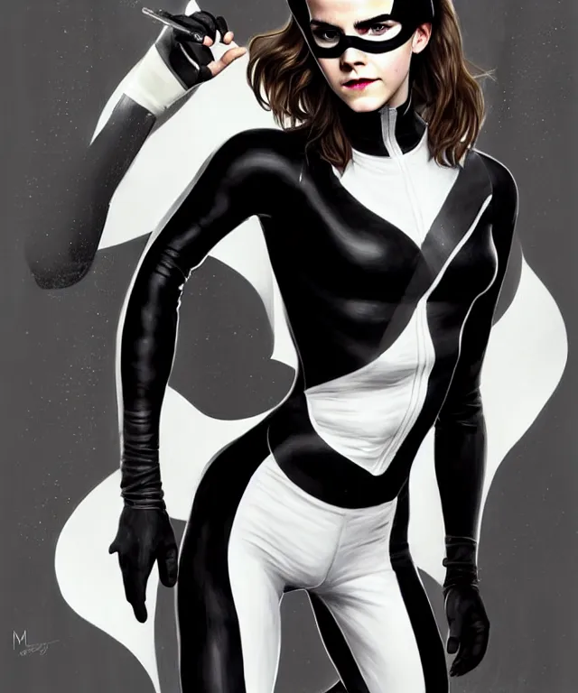 Image similar to a detailed fifty mm portrait of emma watson as a catwoman in a black adidas track suit with white stripes, highly detailed, digital painting, artstation, concept art, sharp focus, cinematic lighting, illustration, art by met mangindaan, artgerm and greg rutkowski, alphonse mucha, cgsociety