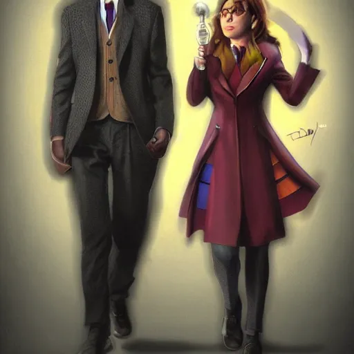 Image similar to The Tenth Doctor stepping out of the Tardis with his companion Rose, artstation