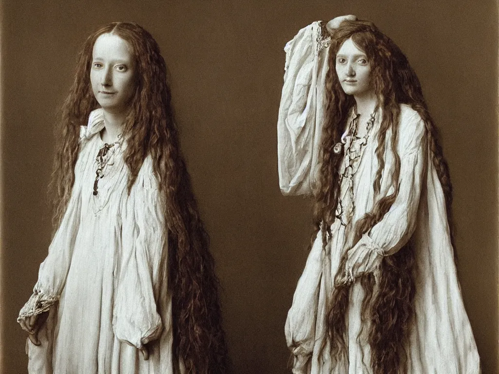 Prompt: portrait of a long haired hippy woman in a white dress. 21 th century clothes. Painting by Jan van Eyck, August Sander.